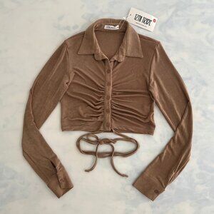 12th Tribe NWT Mocha Samantha Sheer Cropped Long Sleeve Shirt
